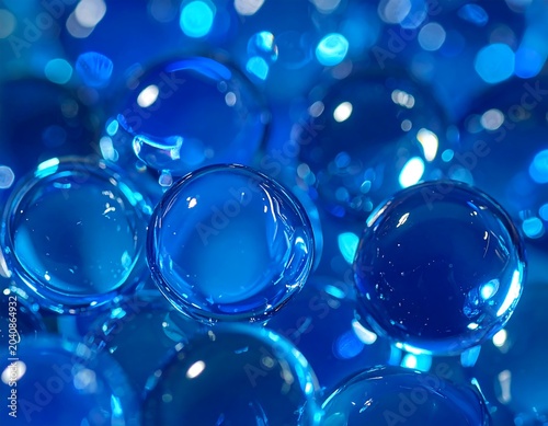 Glossy Blue Glass Marbles Clustered in Abstract Macro Background