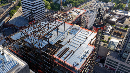 Drone view of structural steel construction progress at the HELIX redevelopment project in downtown New Brunswick NJ
