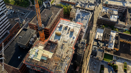 Aerial view of construction at the HELIX redevelopment project in downtown New Brunswick New Jersey