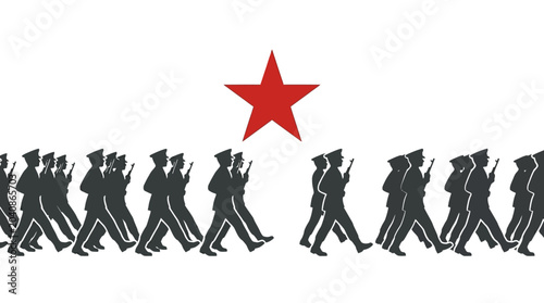 Tableau sur toile Soldiers Marching in Formation Under Red Star - Military Parade