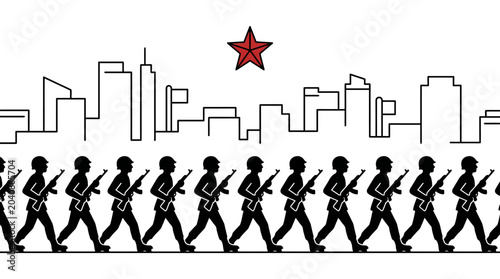 Foto Soldiers marching in formation with city skyline and red star