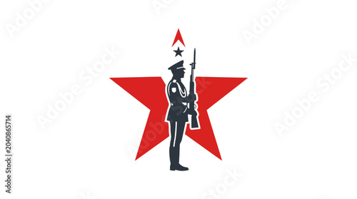 Obraz na płótnie Soldier Standing Guard with Rifle in Front of Red Star Emblem