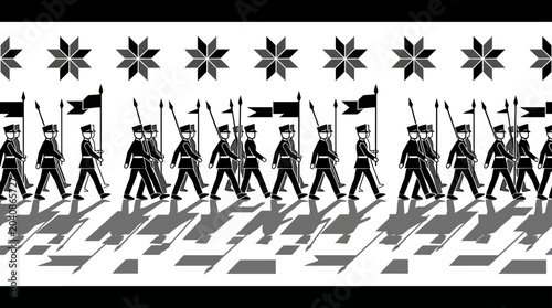 Fotografía Soldiers Marching in Formation with Flags and Star Border - Black and White Illu