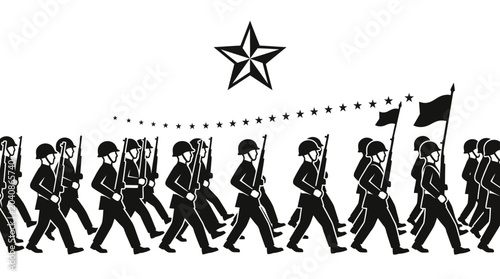 Schilderij op canvas Soldiers Marching in Formation with Star and Flag - Black and White Illustration