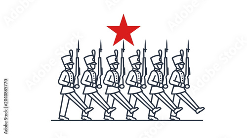 Tableau sur toile Soldiers Marching Under Red Star Flag, Military Parade Illustration