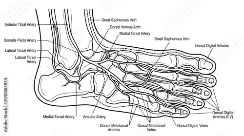 Bilde på lerret Detailed Anatomical Illustration of the Human Foot Arteries and Veins