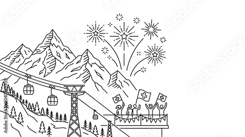 Bild auf Leinwand Swiss Alps Celebration: Fireworks, Cable Car, Mountains & People with Flags