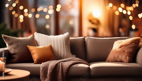 blurred living room with sofa pillows and warm lighting cozy home interior background