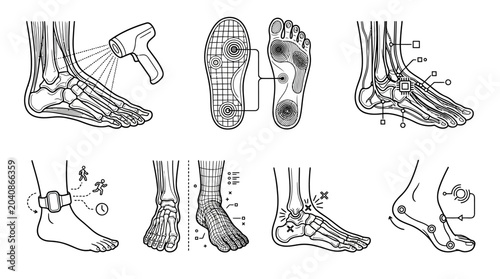 Detailed Medical Illustrations of Foot and Ankle Conditions and Treatments.