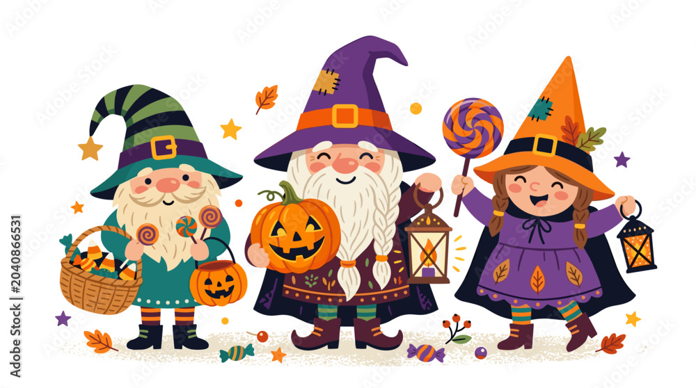 Naklejka premium Three charming Halloween gnomes in festive costumes with pumpkins, sweet candy, and spooky lanterns, ready for trick-or-treating and autumn celebrations