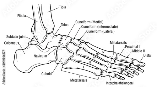 Εκτύπωση καμβά Human foot and ankle bone anatomy diagram with labels.