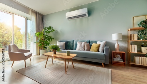 living room interior featuring air conditioner for comfortable temperature during hot summer cooling the room