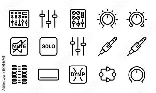 Foto Audio Mixer Icons Set, Sound Engineering Symbols, Music Production Equipment Vec