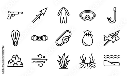 Photos Spearfishing Gear Icons, Underwater Hunting Equipment, Scuba Diving Symbols, Vec