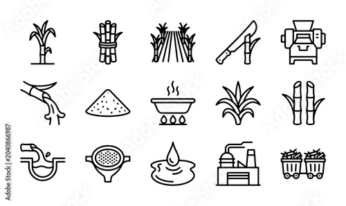 Cuadro en lienzo Sugarcane Production Icons, Sugar Industry Process Vector Graphics, Agricultural