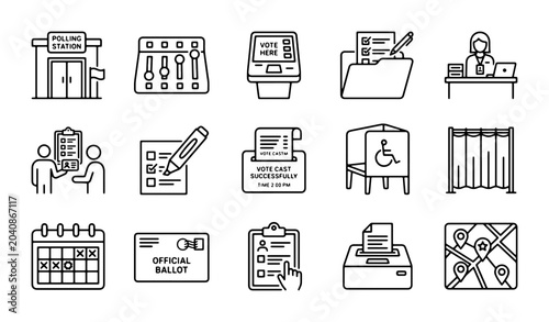 Fotografía Election Icons Set: Voting, Ballot Box, Polling Station, Calendar, Map, Technolo