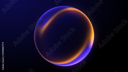 Shiny energy plasma particles orb on dark minimalitic business background. Gradient neon flowing magic sphere with purple and blue shiny waveforms. Abstract digital graphic illustration.