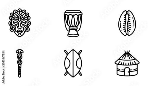 Bild auf Leinwand African Tribal Icons Set: Mask, Drum, Hut, Shield, Staff, Shell Vector Graphics