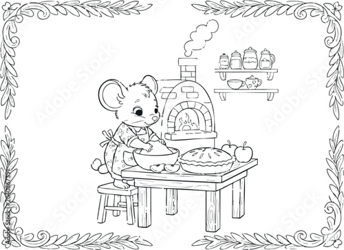 Cute baby mouse baking apple pie in countryside kitchen coloring book style