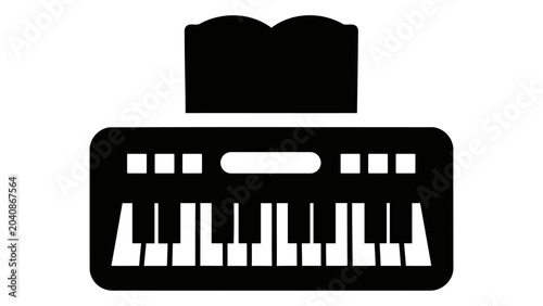 Black silhouette icon representing an organ keyboard musical instrument with a music stand. Ideal for musical equipment,