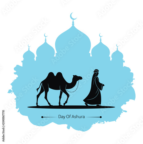 Cuadro en lienzo Day of Ashura banner featuring silhouette of Muslim traveler with camel walking in front of mosque domes isolated on blue watercolor splash background for religious festival invitation card design
