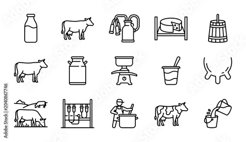 Fotografía Dairy Farm Icons Set: Cow, Milk, Cheese, Butter Production, Agriculture Vector G