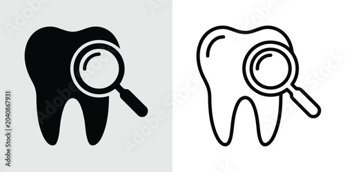Dental checkup icon, tooth with magnifying glass symbol, vector illustration