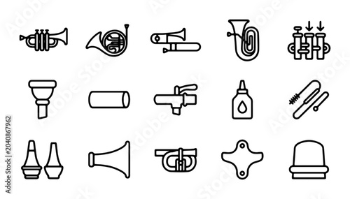 Foto Brass Musical Instrument Icons, Orchestra Tools, Wind Instrument Parts, Vector S
