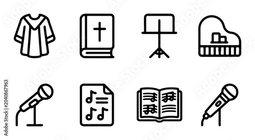 Obraz na płótnie Church Choir Music Icons: Robe, Bible, Music Stand, Piano, Microphones, Sheet Mu