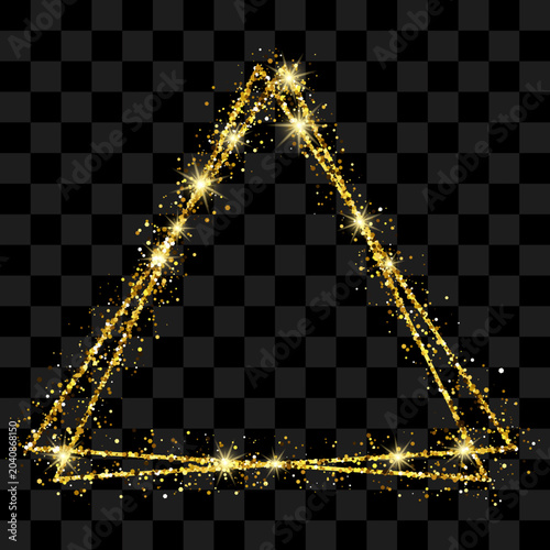 Luxury golden glitter triangle frame with sparkling stars and shimmering particles on transparent background