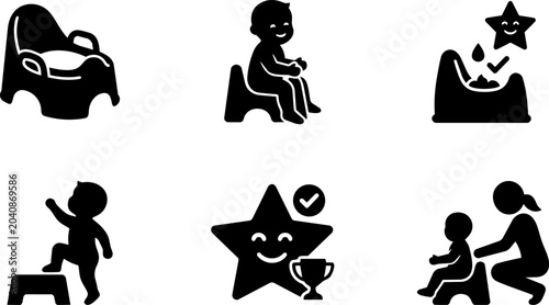 Toilet Training, Hygiene And Child Care Silhouette Icon Set. Vector