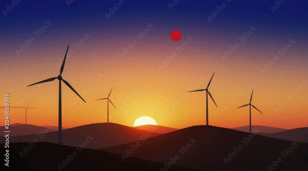 Obraz premium Wind turbines on hills during vibrant sunset with colorful sky gradient. Rural landscape with clean energy generation at dusk. Futuristic scene for nature and power concepts.