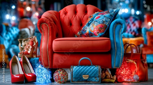 Luxurious Red Velvet Chair Surrounded by Stylish Accessories and Fashion Items in a Chic Setting