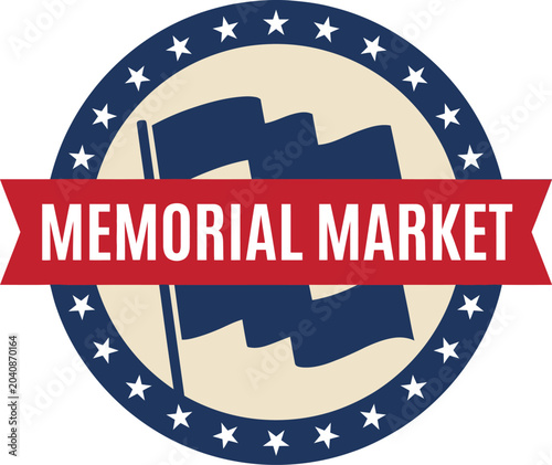 Memorial Market logo with patriotic design and red banner on blue background vector illustration