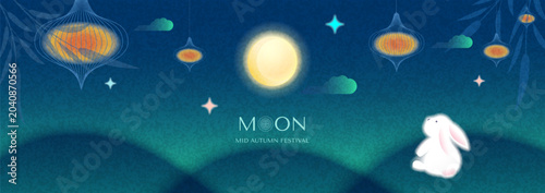Mid-Autumn Festival poster. Wallpaper template with a moon, clouds, cute rabbits, gradients, and texture on a dark background. Chinese translation Mid-Autumn Festival. Vector 