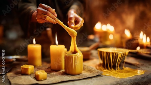 Hand Dipping Artisanal Beeswax Candles in a Warm Workshop Setting with Soft Ambient Lighting