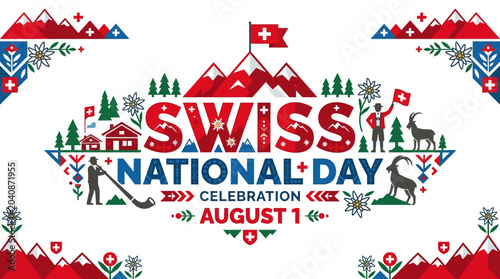 Swiss National Day Celebration August 1: Mountains, Flag, Alphorn, Goat, Edelweiss Illustration