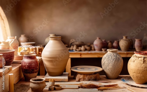 Artisan Pottery Studio Workspace with Handcrafted Clay Pieces and Tools Displayed in Natural Light
