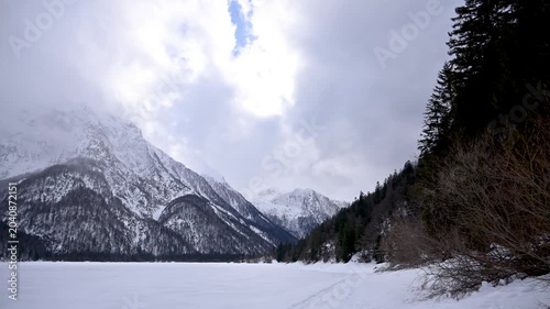 A winter of magic and mystery. Lake Predil in winter. Tarvisio.