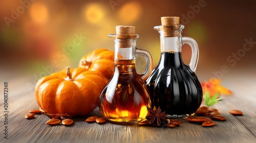Artisanal Pumpkin Seed Oil Bottles with Fresh Pumpkin and Seeds on Rustic Wooden Table Background