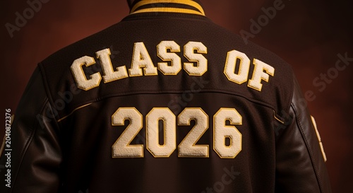 Close up back of varsity jacket with Class 2026 patches.