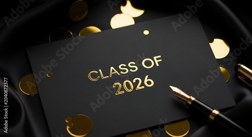 Class of 2026 greeting card with pen and confetti.