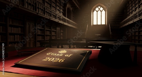 Class of 2026 yearbook on table in sunlit library.