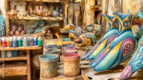 Colorful Traditional Mexican Alebrijes Artisan Carvings in a Vibrant Workshop Displaying Handcrafted Artistry