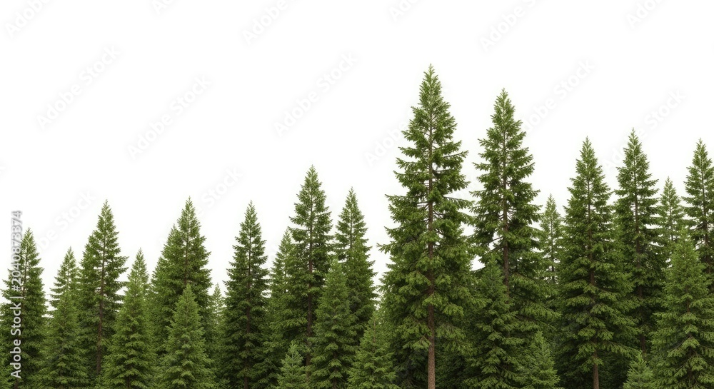Fototapeta premium Tall evergreen trees stand against a white background. The forest scene features a dense row of pine trees with varying heights and textures.