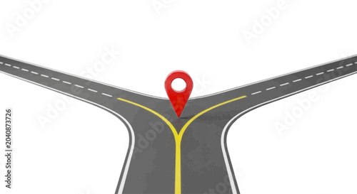 Minimal black silhouette icon, simple flat vector, bold black shape, no, no shading a red map pin at a road fork junction on a, flat icon style