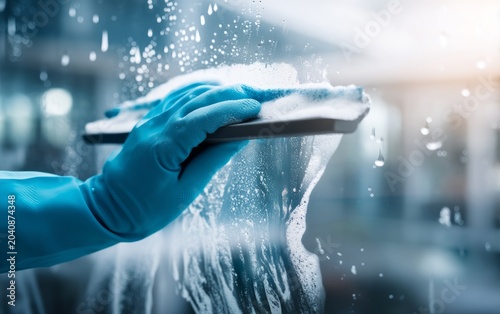 Professional Cleaner Wiping Large Glass Window with Blue Glove in Bright Indoor Environment