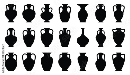 Фотография Vase and Pottery Silhouettes Vector Set with Ceramic Vessels, Clay Pots, Decorative Containers and Minimal Black Craft Icons