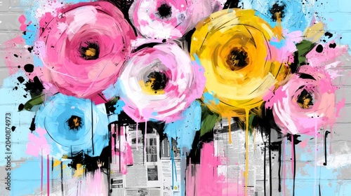 Elegant Floral Composition with Mixed Media and Newspaper Clippings in Bright Colors