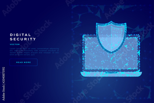 Futuristic laptop vector illustration featuring a secure shield icon with connected nodes, glowing digital lines, and abstract technology elements. Modern cybersecurity's concept